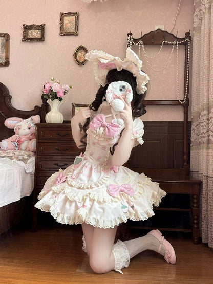 Polka Dot Dress Cute Ear Beige Pink OP Bunny Bonnet Full Lolita + Strawberry Themed Hairband Set Choker