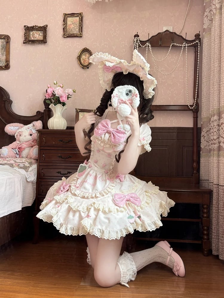 Details Lace Bow OP Strawberry with Beige Lolita Themed Cute and Polka Pink Dot Dress