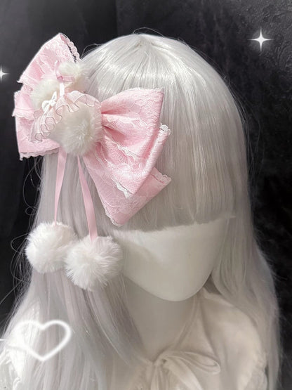 Pom-Poms Set Lace - Bunny Bow Accent Fluffy with Lolita Pink