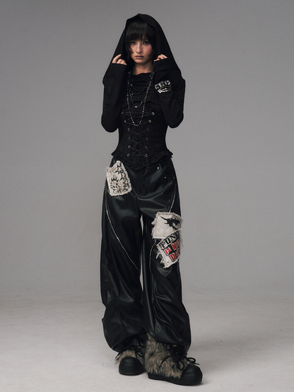 Pants PU Black Rock Studded Punk Zippers Decorative Accents with