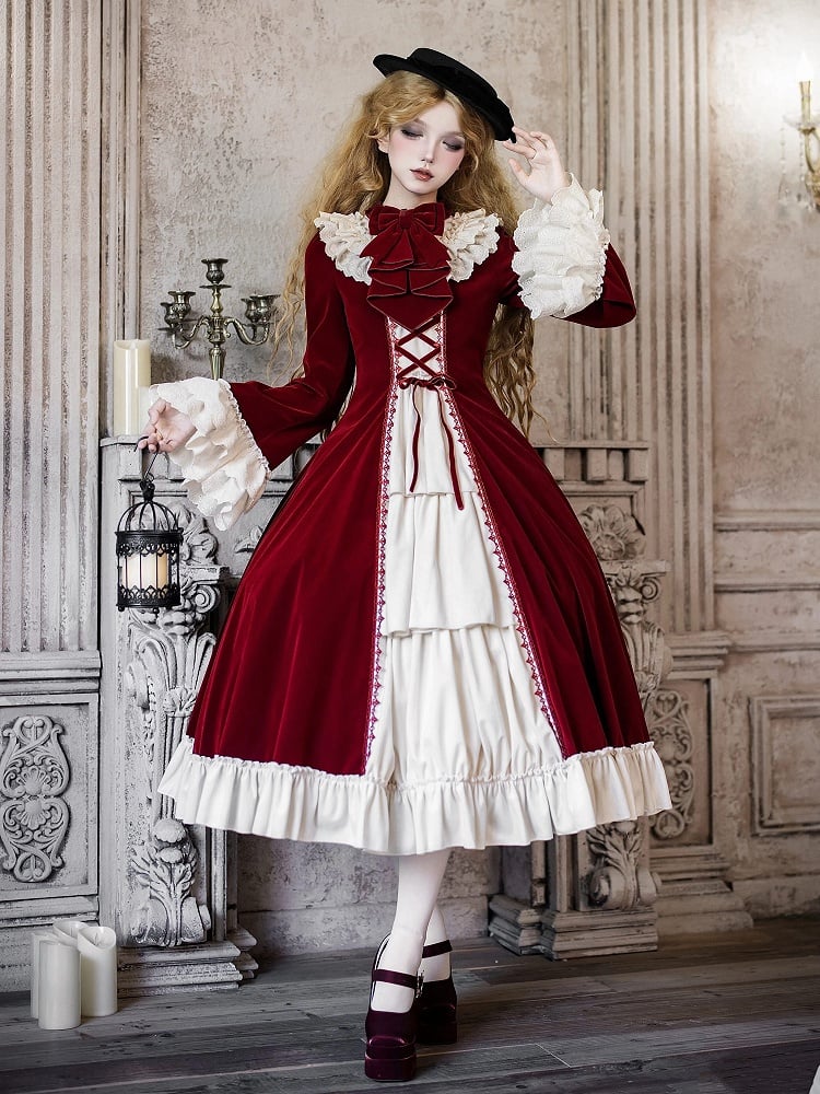 Eyelet Red Winter Beige with Scalloped Velvet Dress Trims Ruffle Neckline Lolita