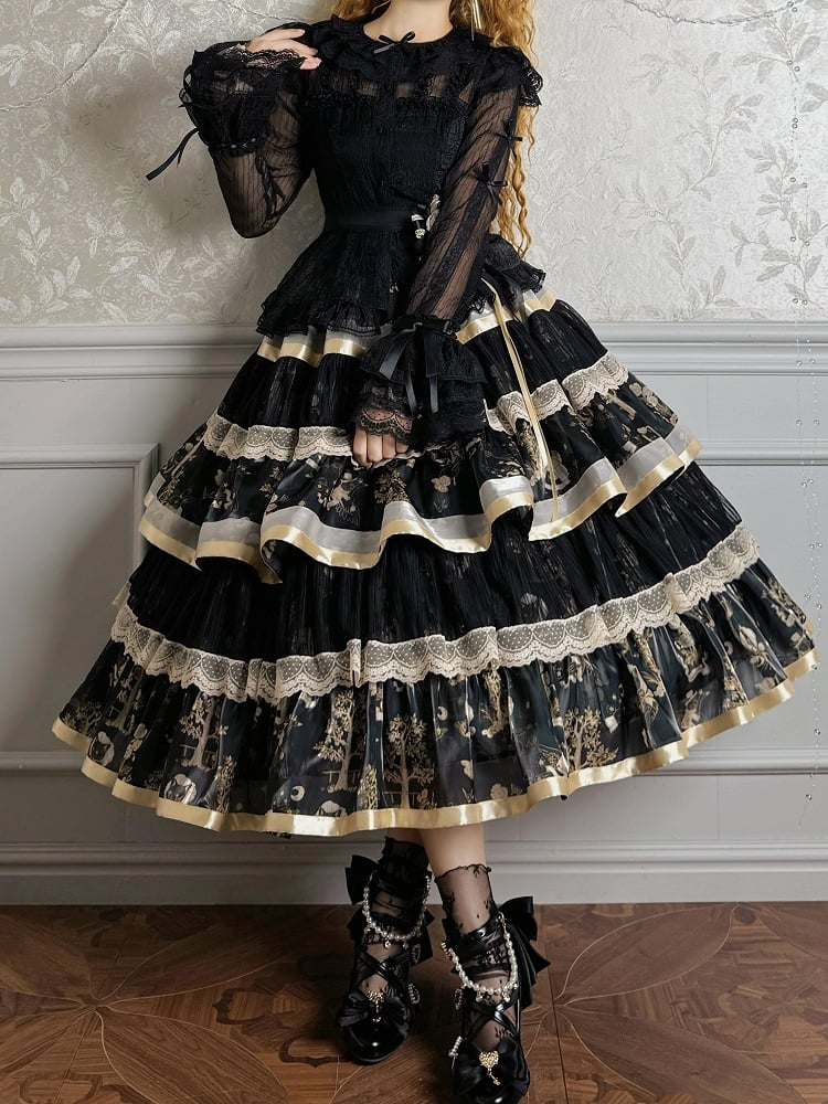 Kitty Lolita Bunny Rüschendruck und Rock Schwarz Gold Stufen