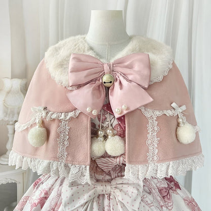 Plush Jumper Cape + Print Strawberry Collar Pink Sweet Kitty Skirt Set Lolita and