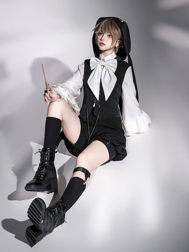 Ouji Lolita-Weste mit Kapuze und schwarzen Ohren, übergroß, Hase