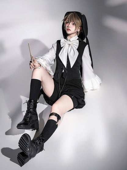 Ouji Lolita-Weste mit Kapuze und schwarzen Ohren, übergroß, Hase