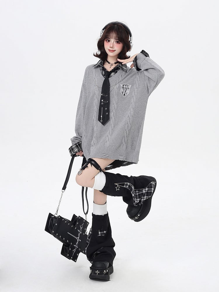 Sweater Retro Gray / Navy Academic Blue Loose Fit Plaid