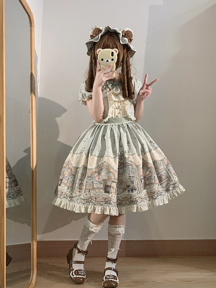 グリーンのスイートテディロリータドレスフェイクツーピースデザイン