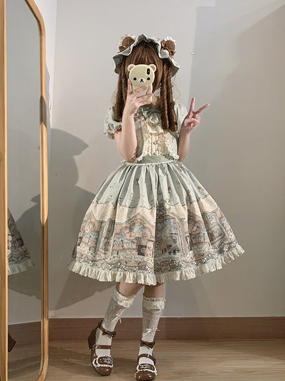 グリーンのスイートテディロリータドレスフェイクツーピースデザイン