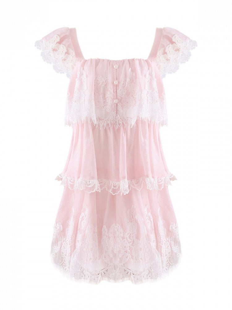 Pink Square Neck Flutter Sleeve Lace Dress - serendipity
