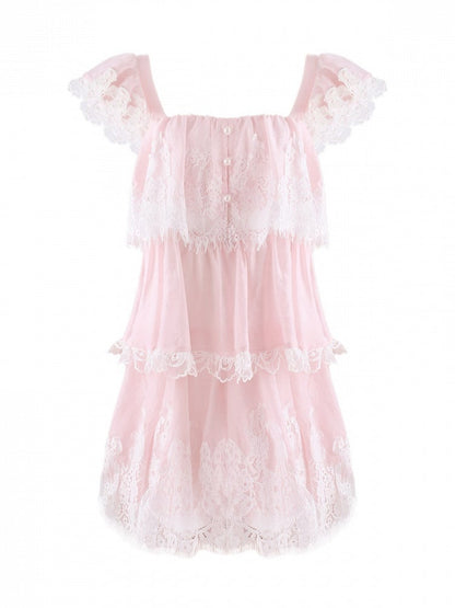 Pink Square Neck Flutter Sleeve Lace Dress - serendipity