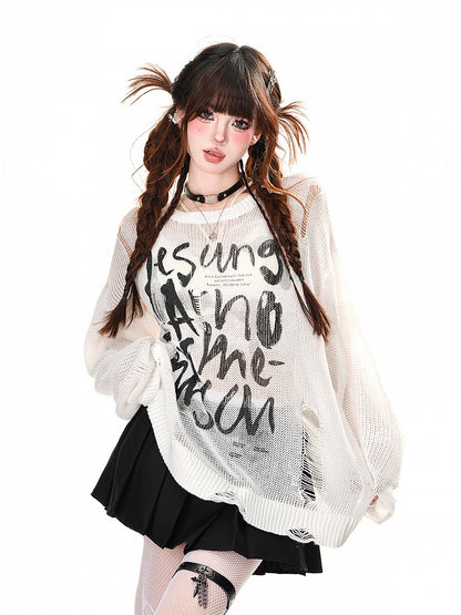 Top Distressed Weiß/Braun/Schwarz Buchstabendruck Löcher Sommer Sonnenschutz Aushöhlen