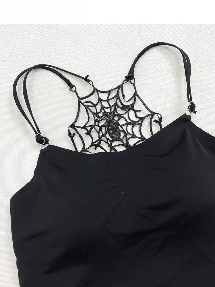 ダイタイデザイン + チェック柄キャミソールドレス トップネック アシンメトリースカートディテール ホワイト ブラックヘム ホルターネック スパイダーウェブ