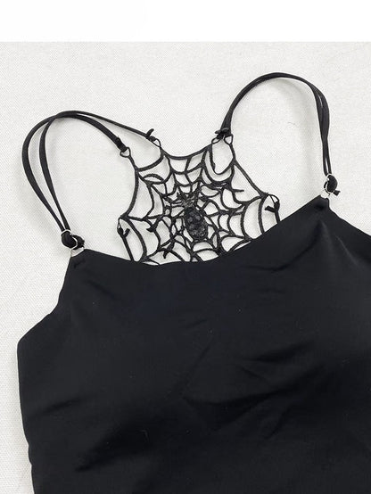 ダイタイデザイン + チェック柄キャミソールドレス トップネック アシンメトリースカートディテール ホワイト ブラックヘム ホルターネック スパイダーウェブ