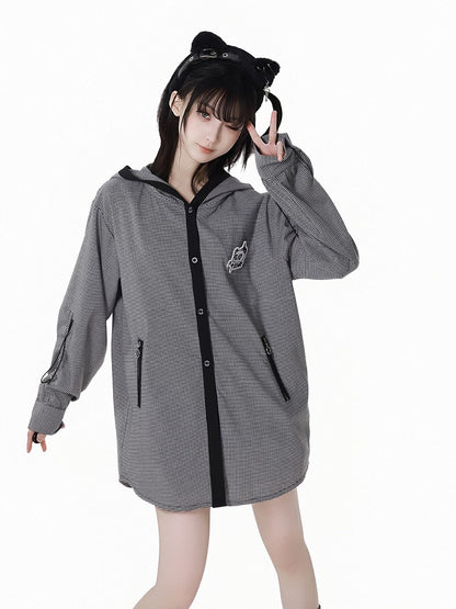 White Plaid Panda Embroidery Drawstring and Black Cuffs Hooded Top