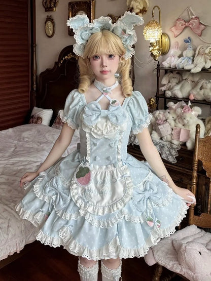 and Lace OP Cute Themed Baby with Polka Dress Blue Strawberry Dot Lolita Details Bow