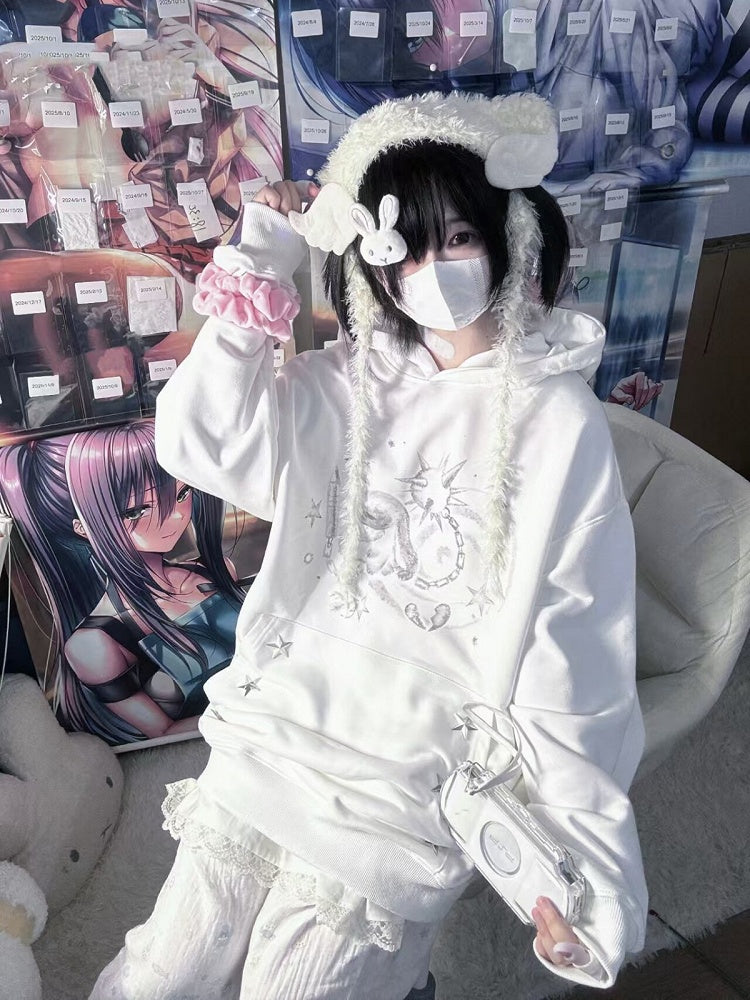 White Casual Rabbit Pattern Hoodie with Star Decoration - NEMU