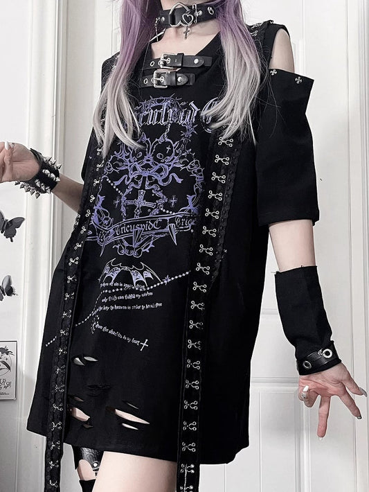 Cross Short Straps with Sleeve Drop Print Black Lace Shoudler Gothic Trimmed Blue T-shirt