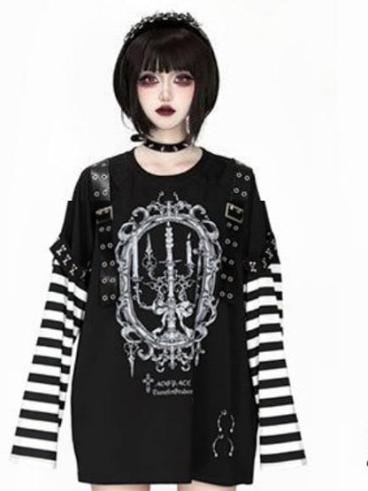 Straps Long-Sleeve White Black Decorated Printed Jirai Top Candle Punk Kei Striped Leather