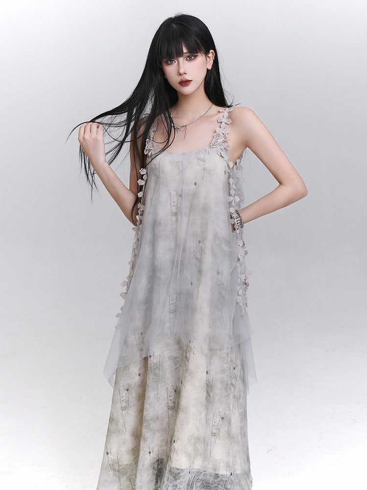 Gray with Ribbons Layered Dress Embroidered Slip Tulle Floral Hem Asymmetrical