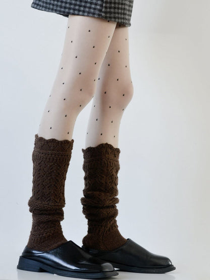White Polka-dot Pattern Tights + Brown Calf Socks Set