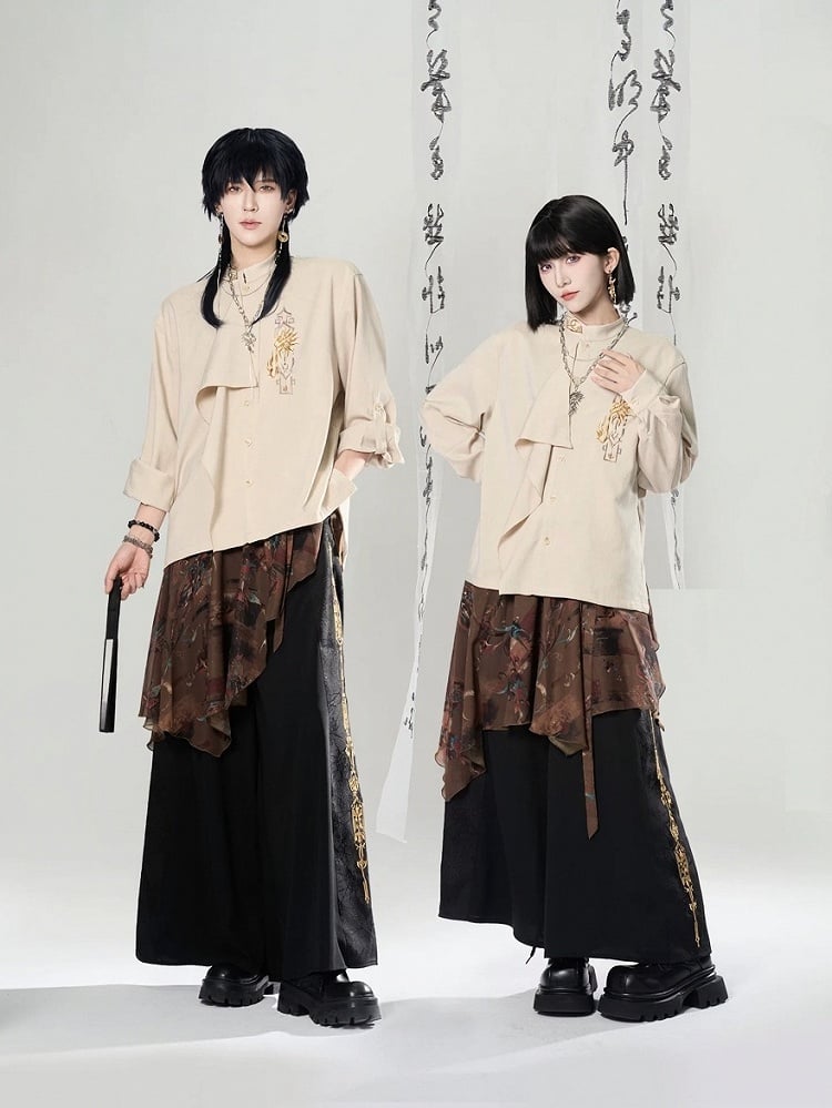 Long Blouse Embroidered Chinoiserie Sleeve Asymmetrical Ivory