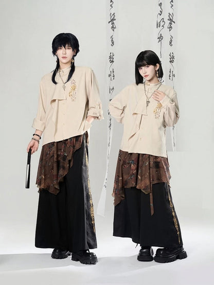 Long Blouse Embroidered Chinoiserie Sleeve Asymmetrical Ivory