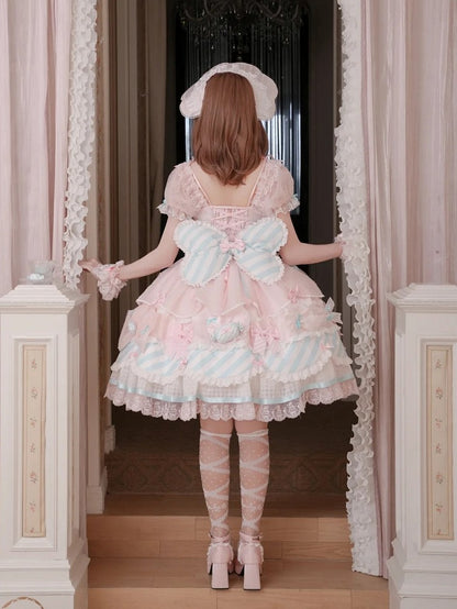 Pink & Blue Sheer Sleeves Tiered Sweet Lolita OP Dress with Bow and Candy Accents - Meng Fu Zi