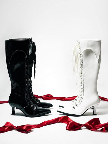 Cross Polished Design Gothic - Fold-Over Boots with Black Detachable Pointed Toe Cuff Charm Knee-High