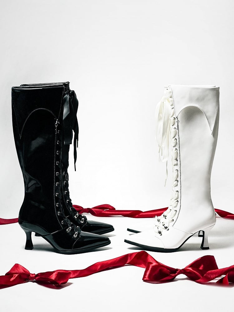 High-heel Gothic Polished Knee-Length Fold-Down - Collar White Boots