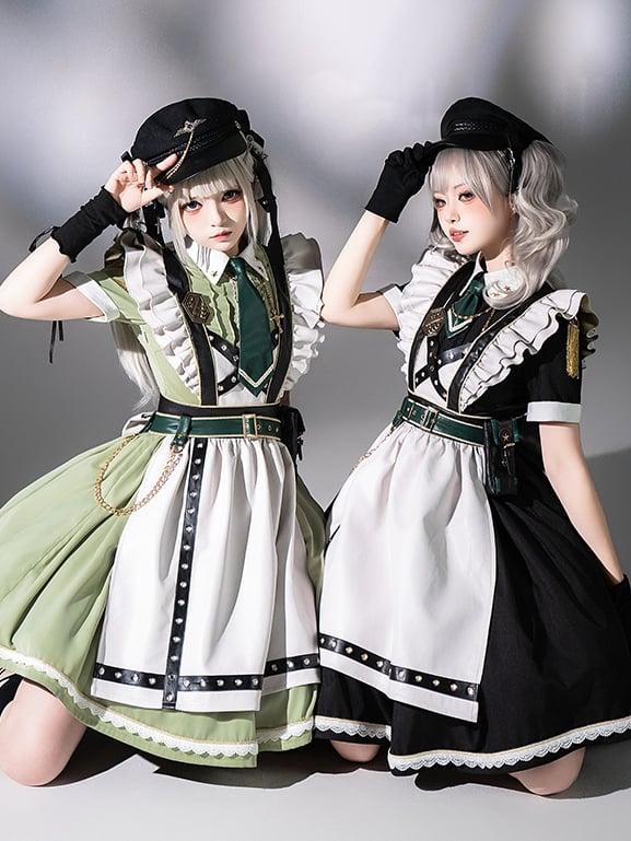 Kleid kurz Militär voller Lolita Flatterärmel und Dienstmädchen Schürze Set schwarz