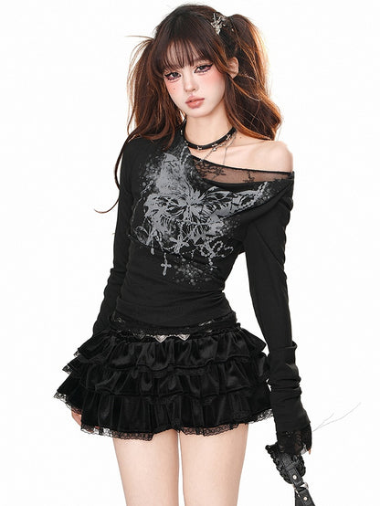 Schwarz/weißes Oberteil mit Schmetterlingsdruck und asymmetrischem Ausschnitt und langen Ärmeln