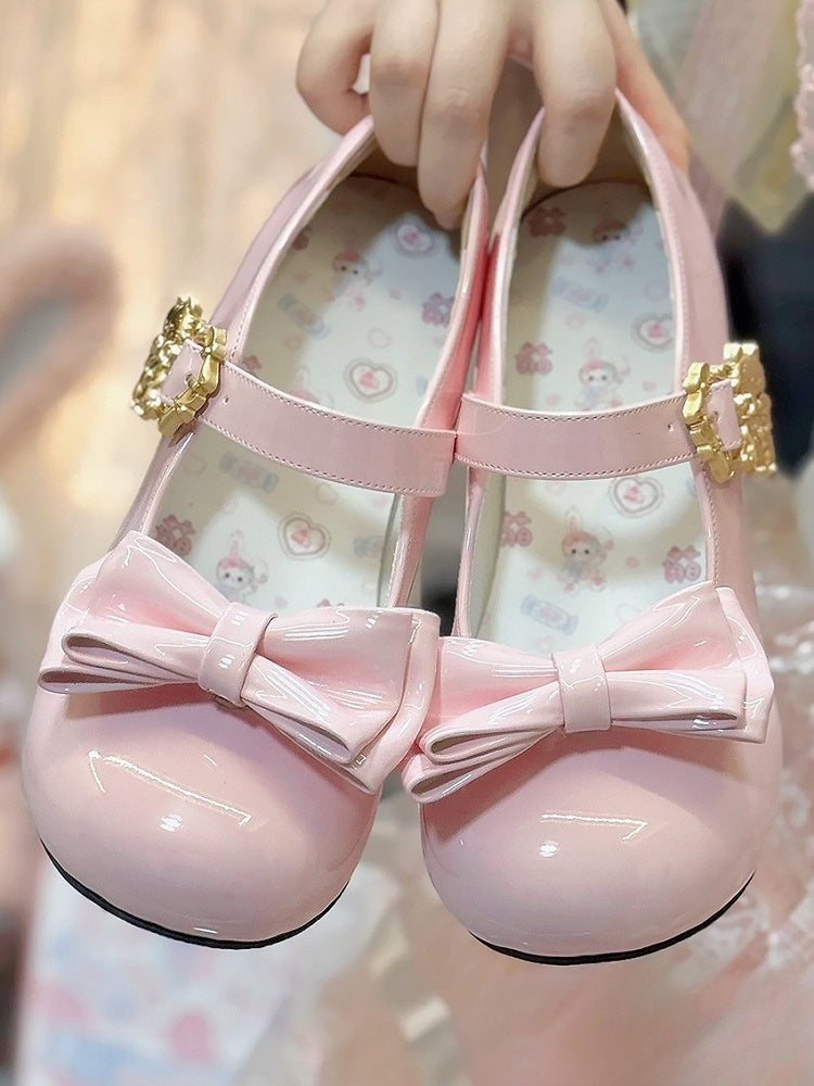 Low-heel Bow Round Lolita Toe Buckle Detail Adorable Shoes with Decor Mary Pink Cat Janes -