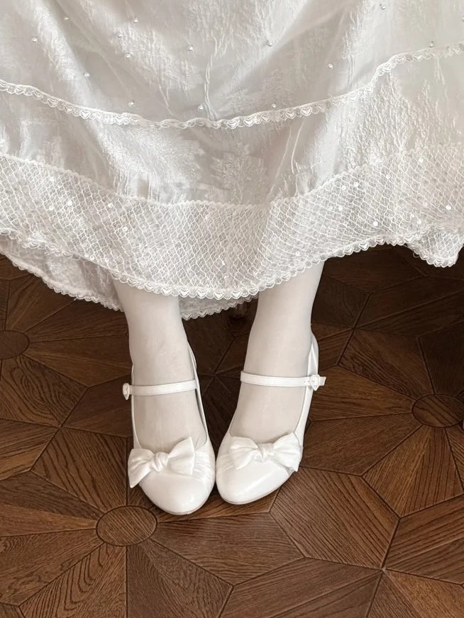 White Elegant Mary Janes for Lolita - PU Leather with Bow Details & Heart Closure