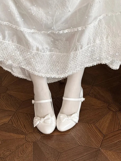 White Elegant Mary Janes for Lolita - PU Leather with Bow Details & Heart Closure