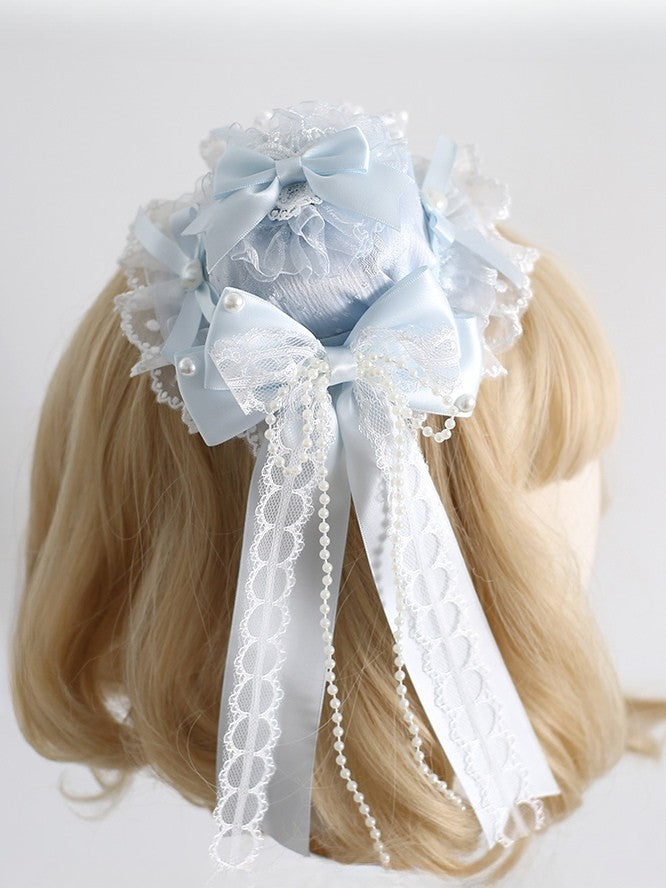 Lolita Clips Trim Blue with Pattern Lace Details Light Mini Bowknot Hat Sweet Decorated Beaded Polka-dot