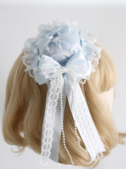 Lolita Clips Trim Blue with Pattern Lace Details Light Mini Bowknot Hat Sweet Decorated Beaded Polka-dot