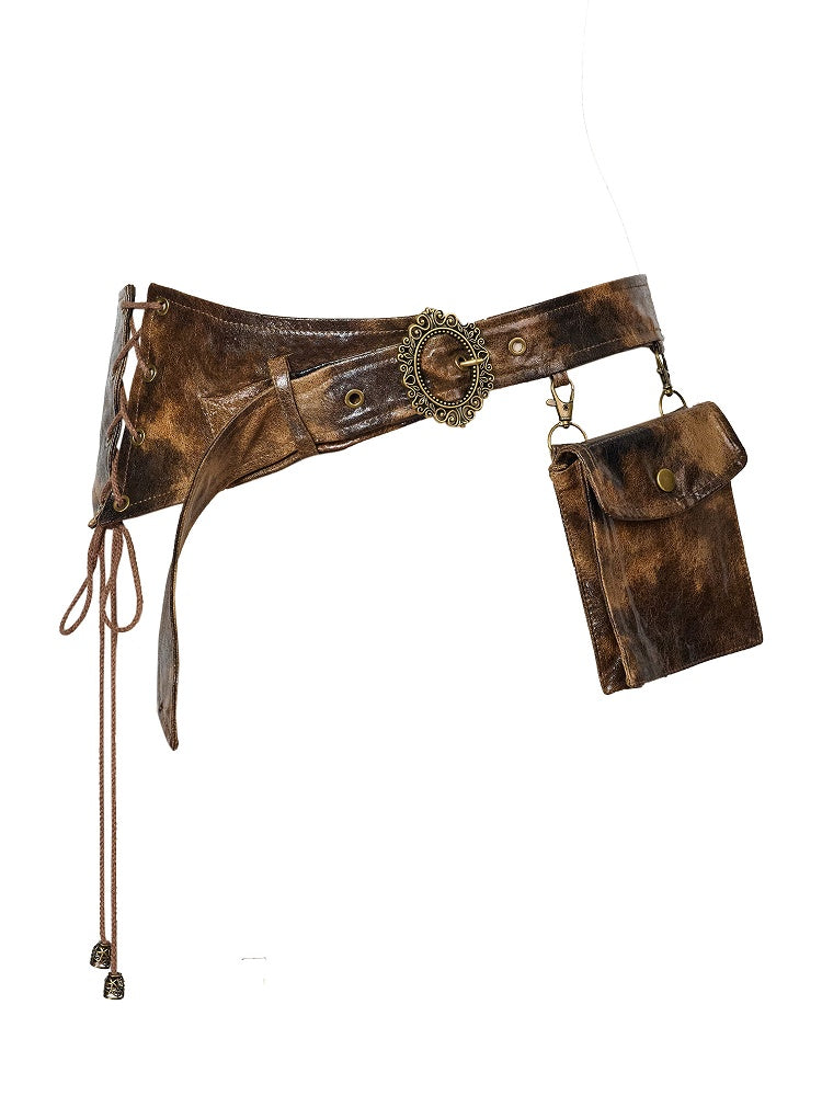 with Waist Pocket Side Brown Lace-Up PU Vintage Punk Utility Belt