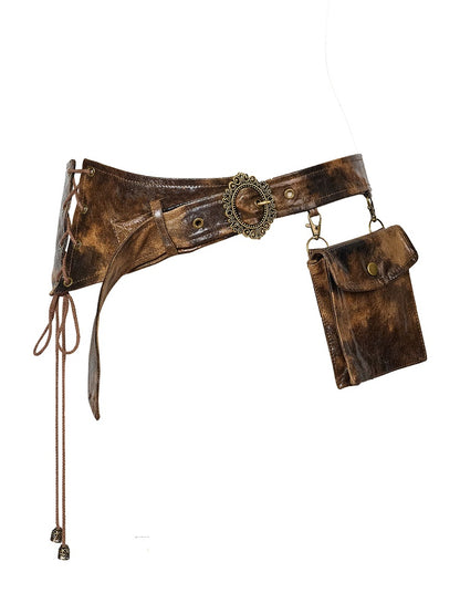 with Waist Pocket Side Brown Lace-Up PU Vintage Punk Utility Belt