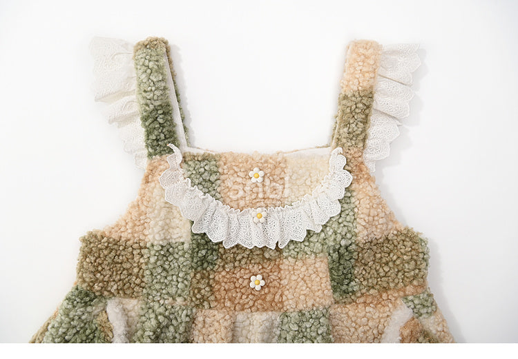 Green Floral Button Details Lace Trim Plaid Fleece Overall Dress with Pockets