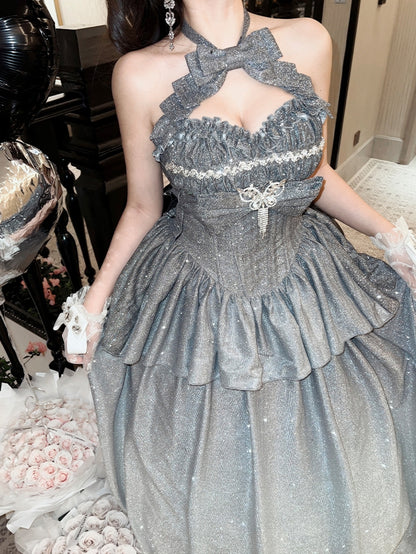 輝くグラデーションシルバーホルターネック スウィートハートネックライントップ + ロングスカート バースデーボールガウン