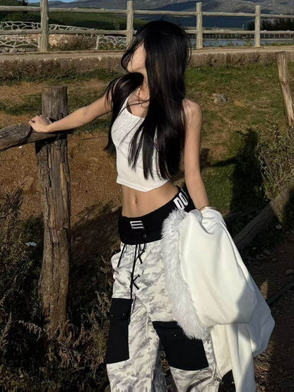 Unisex White Camouflage Wide-Leg Pants with Double Waistband and 3D Pockets - DETW OnLine