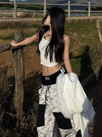 Camouflage Wide-Leg Pants with Double Waistband and Pockets - DETW OnLine