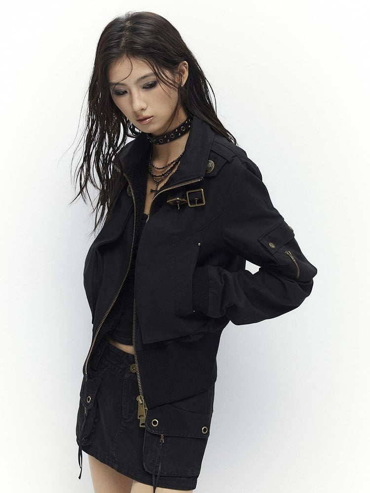 Jacket Cinching Black - Waist Neck Vintage Mock