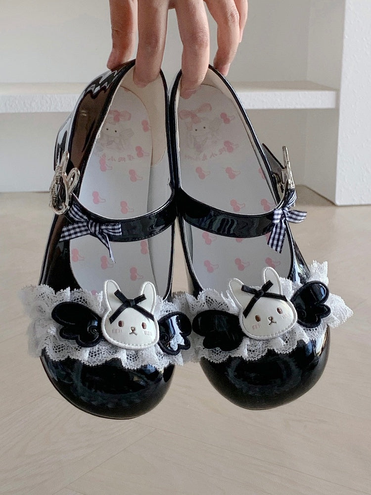 Wings Motif Decor Sweet Rabbit Lolita Black Bunny Themed Shoes with