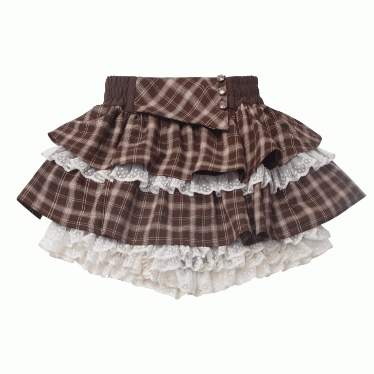 Brown Plaid Lace Trim Tiered Skort