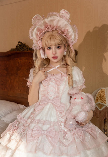 Herz Weiß Lolita Süße Applikation Hase und Stickerei Akzente Kleid Rosa Schleife