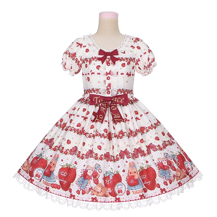 Robe Lolita une pièce beige à imprimé fraise et lapin, bordure en dentelle et nœuds