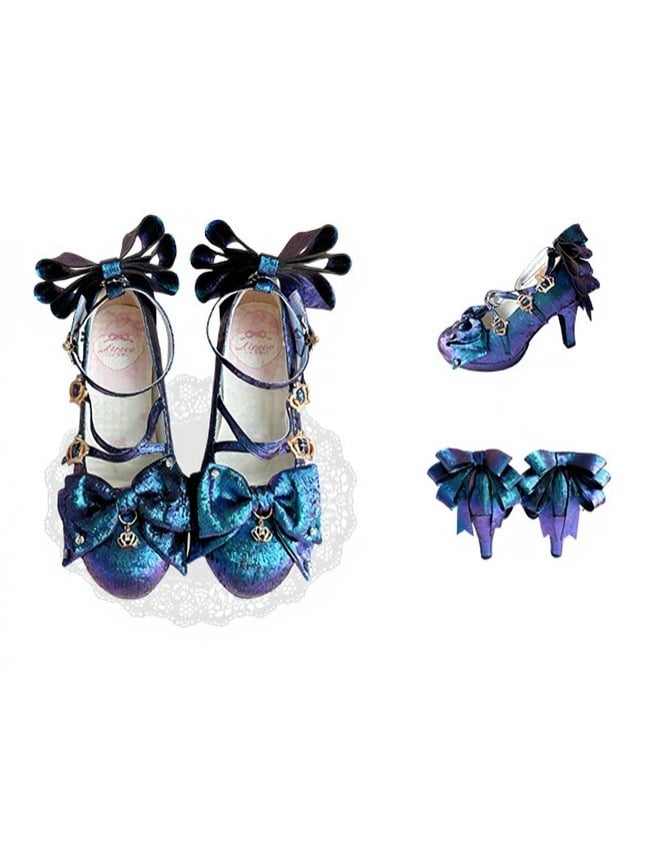 Sparkling Blue-Purple Satin Hime Lolita 8.5cm High Heel Shoes with Crown Buckle and Bow Details - Aimee