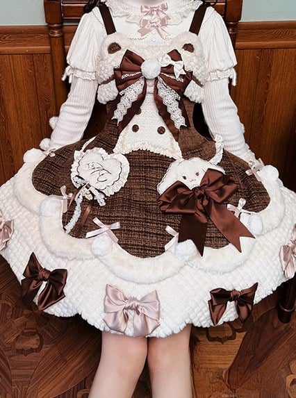 Applikationen Süßes Plüsch Herzchen und Akzente mit Braunen Details Schleife Kleid Lolita Weiß