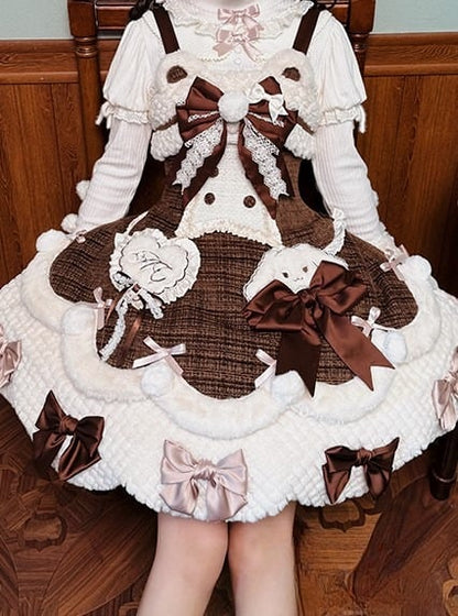 Applikationen Süßes Plüsch Herzchen und Akzente mit Braunen Details Schleife Kleid Lolita Weiß